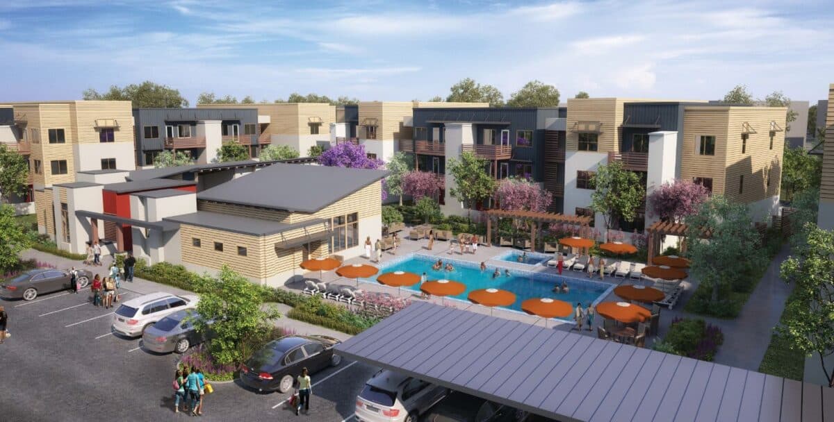 Rendering of Aurora, a new community in Gold River, CA, showing buildings, the pool, and parking