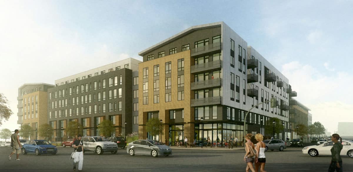 Rendering showing the exterior of the A.J., a community under construction in the Railyards area of Sacramento